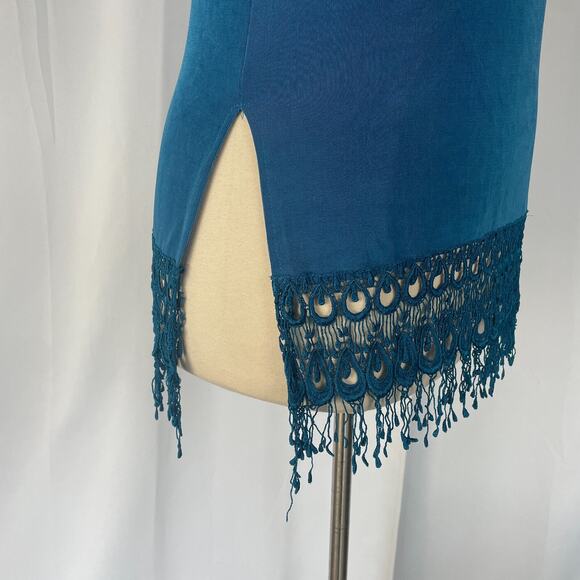 Vintage Top Size Large Blue Solid Lace Fringe Hem Boho Casual Stretch Y2K 90s - Picture 5 of 13